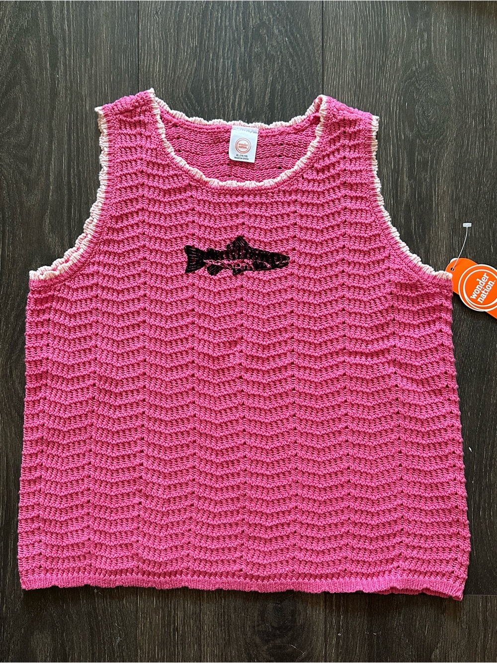 Handmade Pink Crochet Tank with handmade Fish graphic